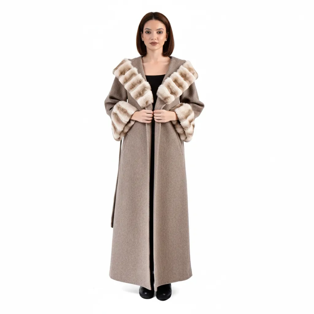 Cashmere with Wool and Rex Rabbit Fur Hood 135cm