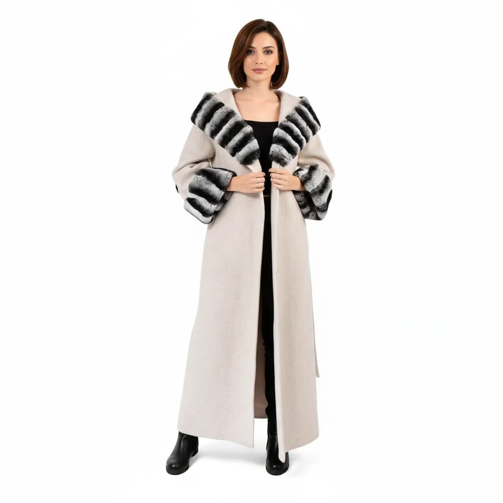 Cashmere with Wool and Rex Rabbit Fur Hood 135cm