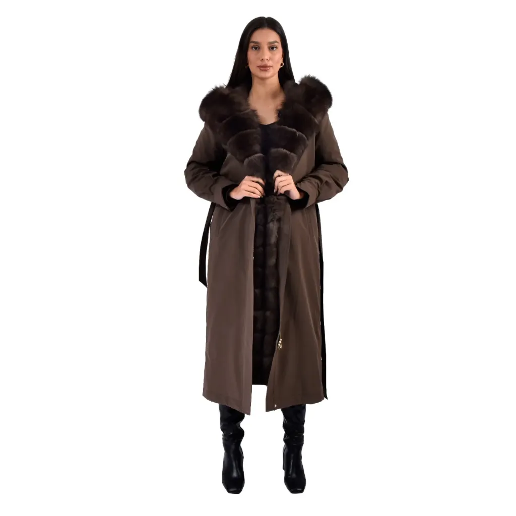 [90090808] جاكيت مطري القلبه  فرو الثعلب والبطانه  فرو الارنب  الطول 120 cm (DARK COFFEE F, S)