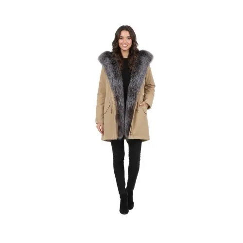 RAINCOAT LIGHT COFFEE WITH FOX FUR SILVER WITH REX RABBIT FUR 80 CM