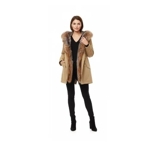 RAINCOAT LIGHT COFFEE WITH FOX FUR CRYSTAL CAMEL WITH REX RABBIT FUR 80 CM