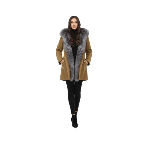 RAINCOAT KHAKI WITH FOX FUR SILVER WITH REX RABBIT FUR 80 CM