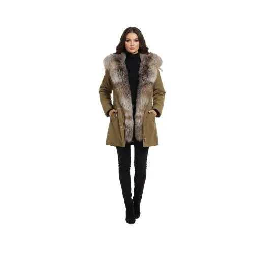 RAINCOAT KHAKI WITH FOX FUR CRYSTAL CAMEL WITH REX RABBIT FUR 80 CM