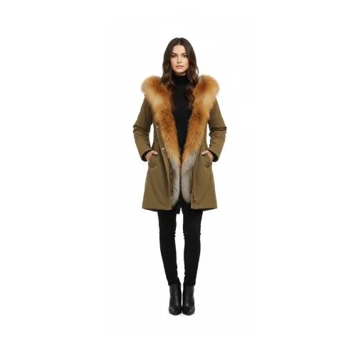 RAINCOAT KHAKI WITH FOX FUR RED WITH REX RABBIT FUR 80 CM