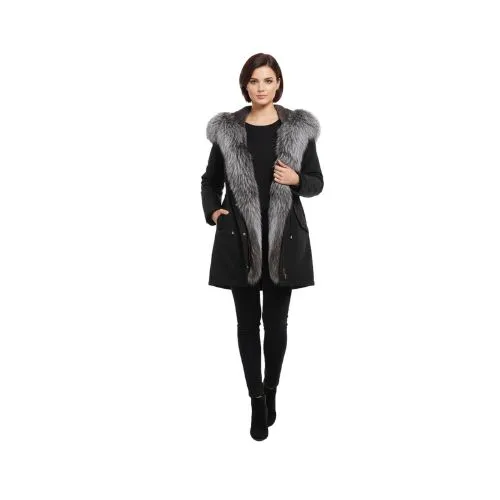 RAINCOAT BLACK WITH FOX FUR SILVER WITH REX RABBIT FUR 90 CM