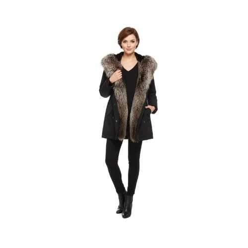 RAINCOAT BLACK WITH FOX FUR COFFEE WITH REX RABBIT FUR 90 CM