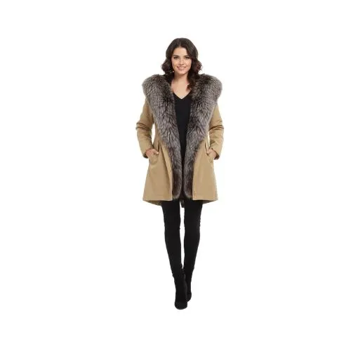 RAINCOAT LIGHT COFFEE WITH FOX FUR COFFEE WITH REX RABBIT FUR 90 CM