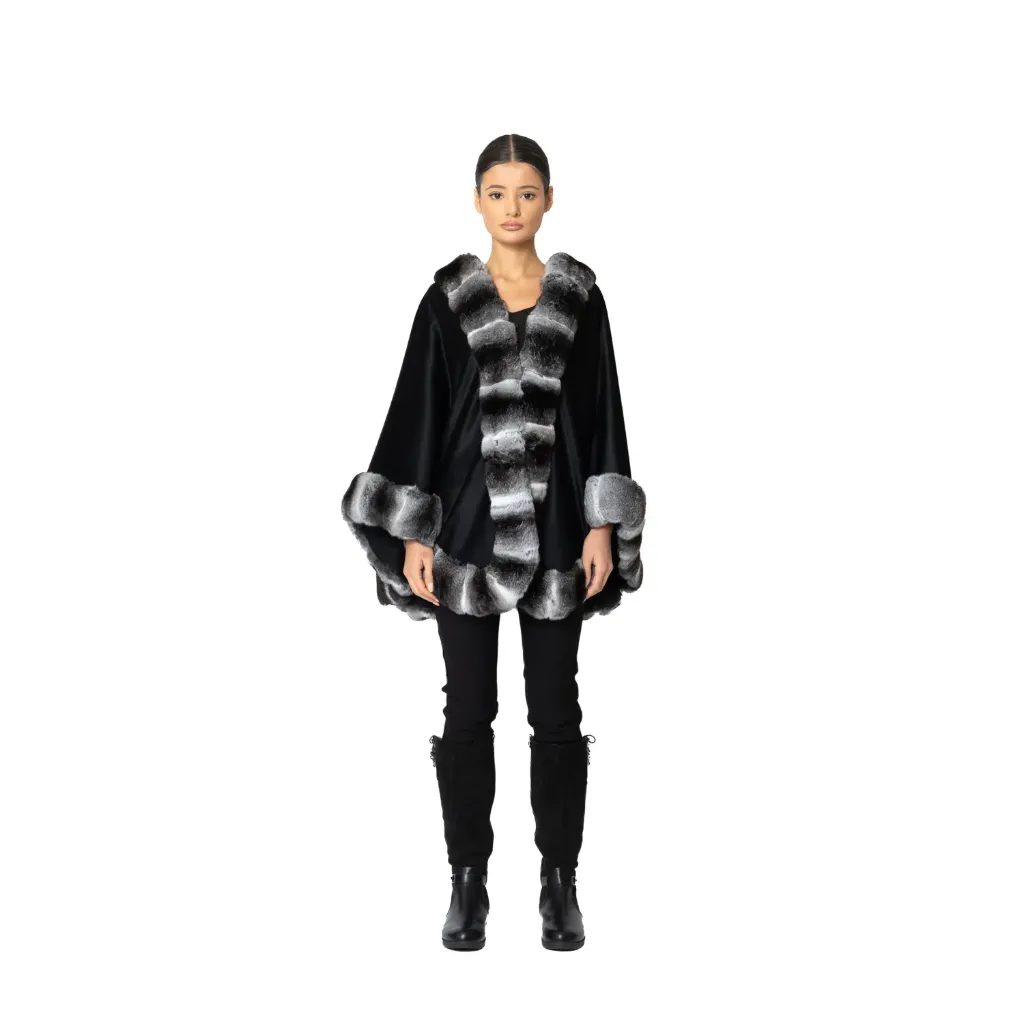 [200300] Cashmere Cape With Chinchilla Fur 80cm