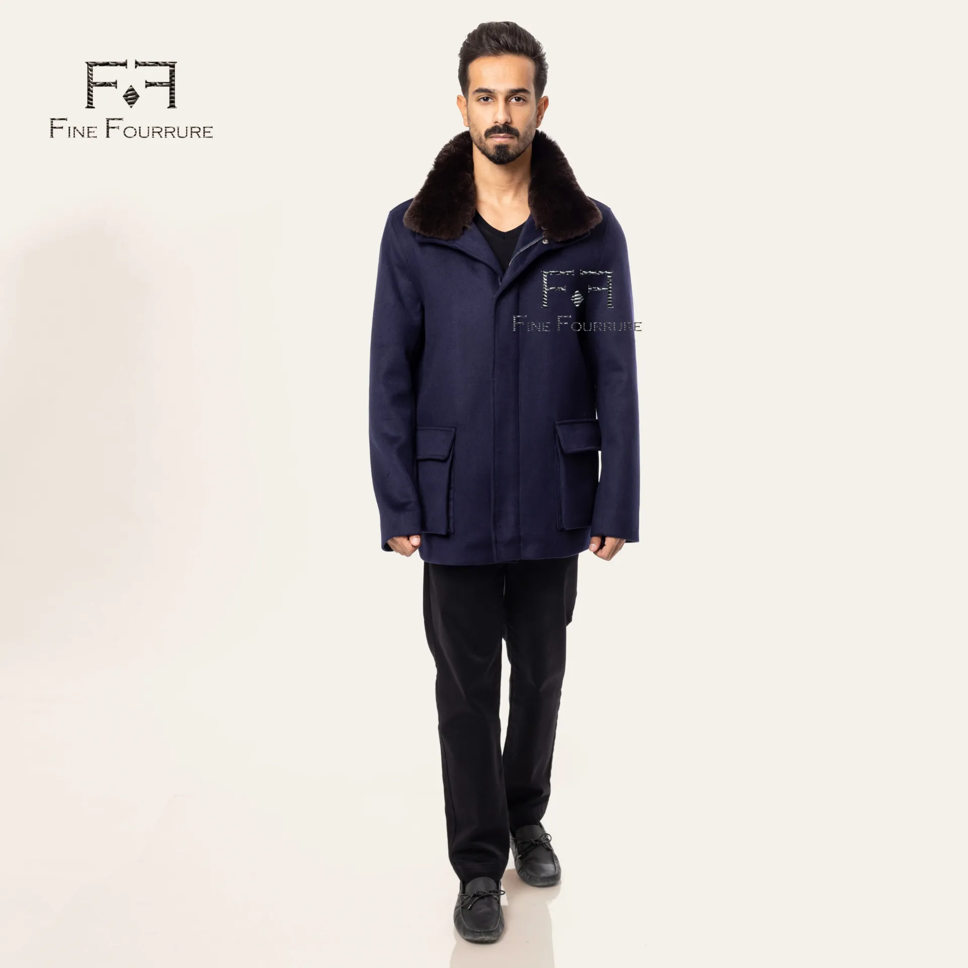 Fabric Jacket With Cotton Lining and High Neck With Rex Rabbit  - 0103