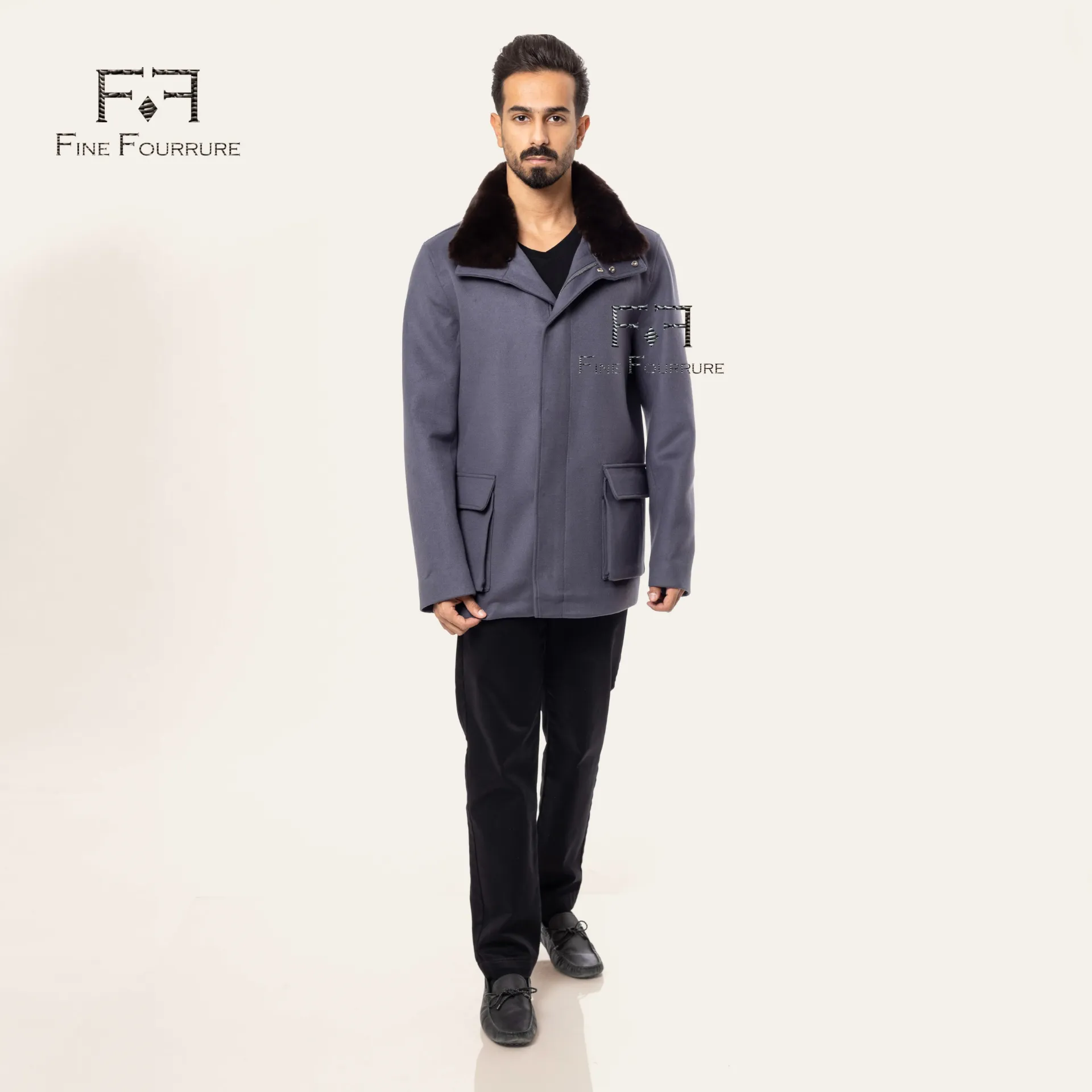 Fabric Jacket With Cotton Lining and High Neck With Rex Rabbit  - 0103
