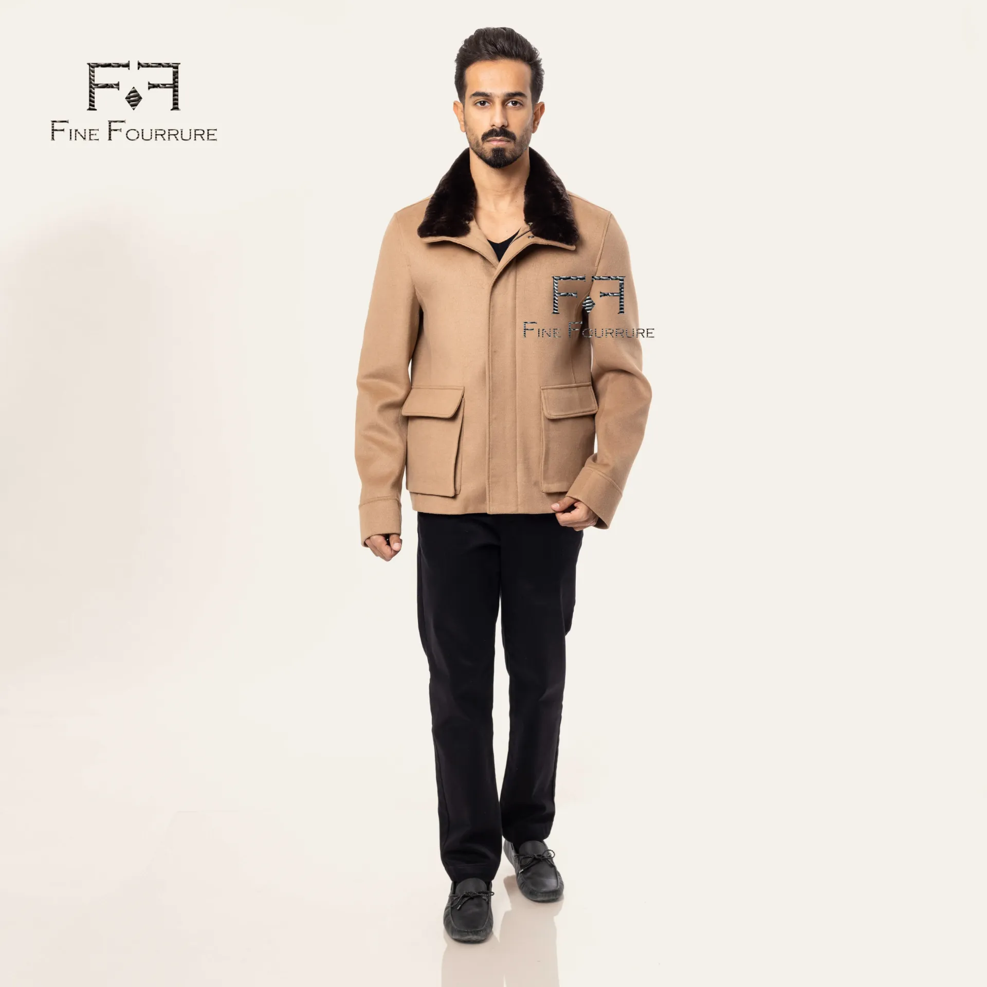 Fabric Jacket With Cotton Lining and High Neck With Rex Rabbit  - 0105