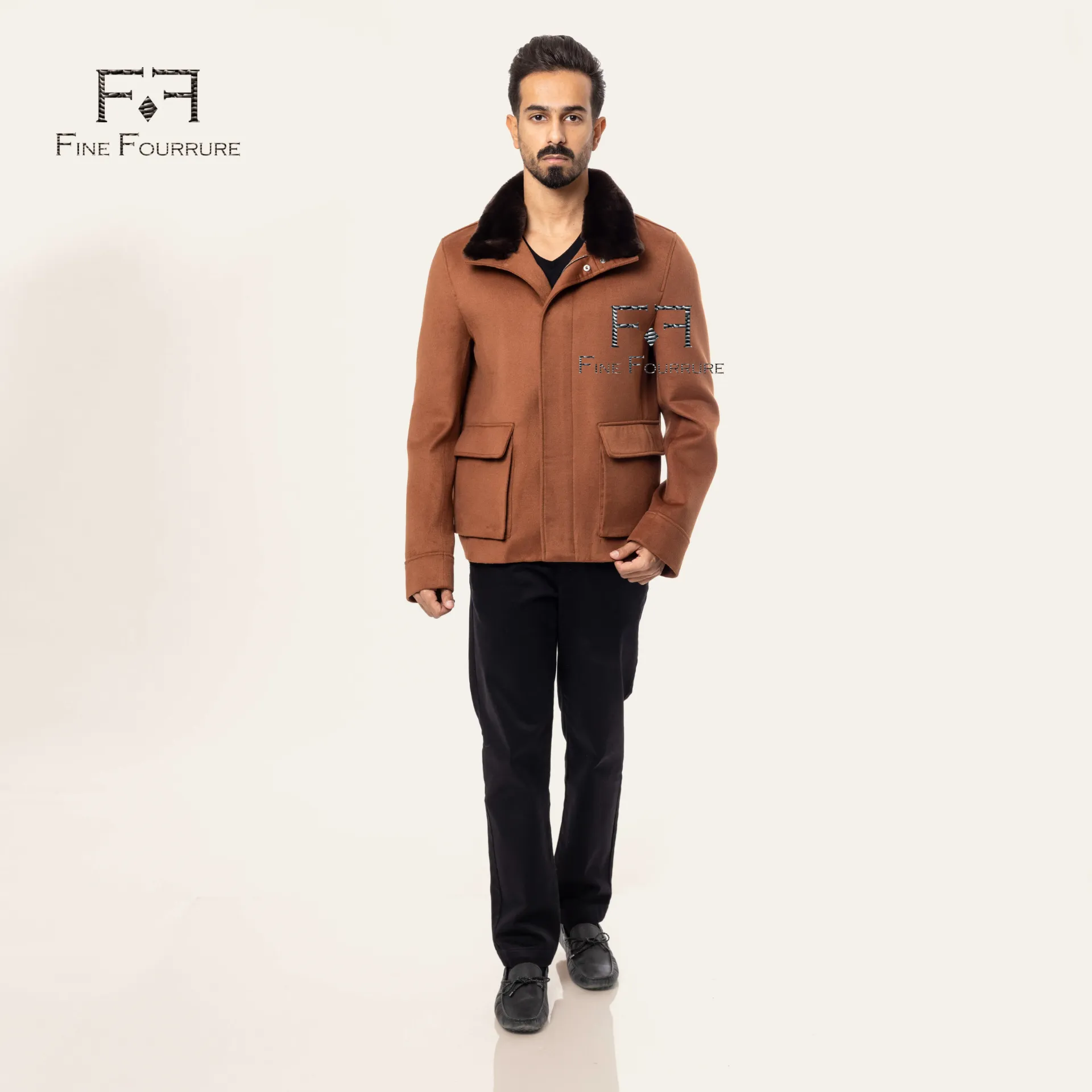 Fabric Jacket With Cotton Lining and High Neck With Rex Rabbit  - 0105