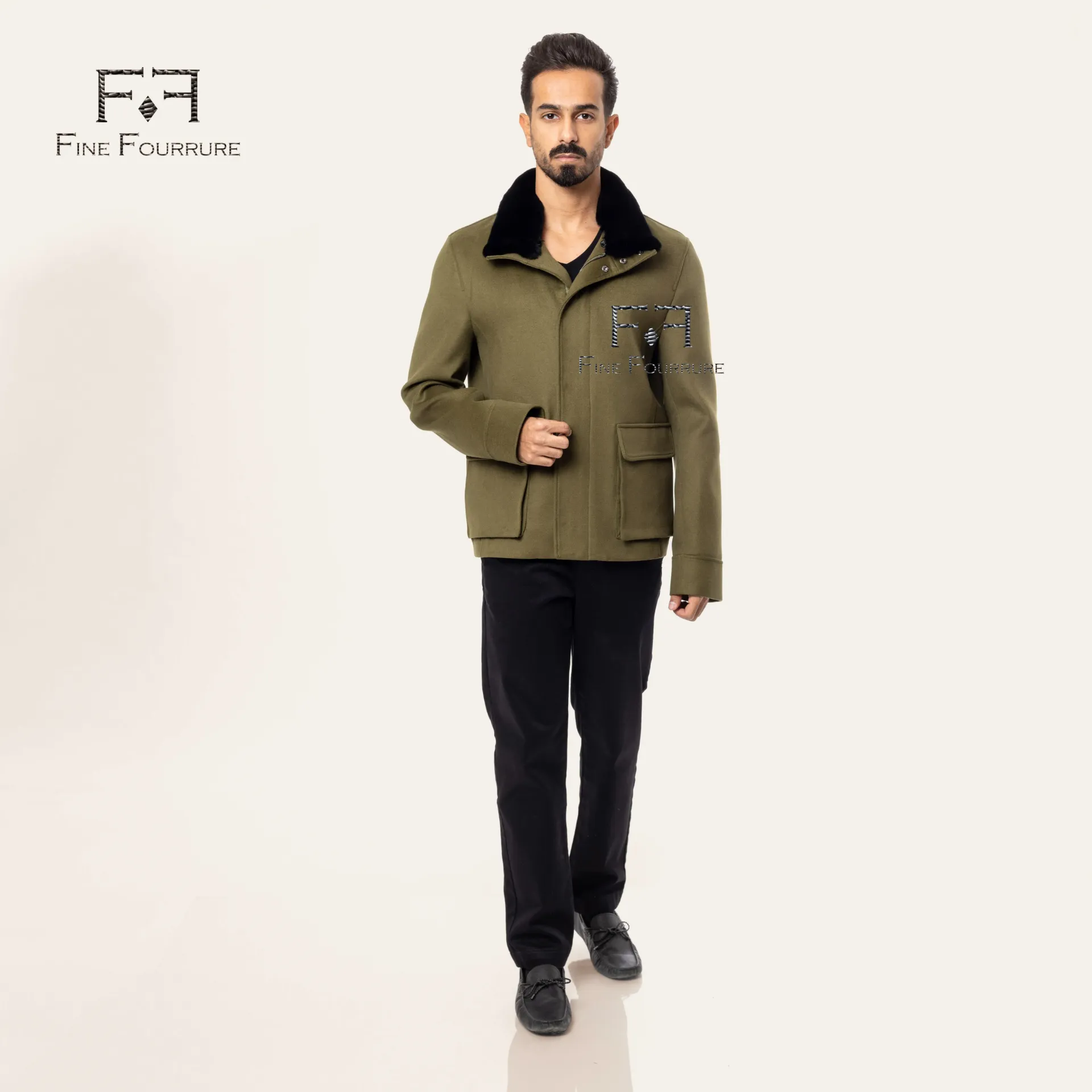 Fabric Jacket With Cotton Lining and High Neck With Rex Rabbit  - 0105