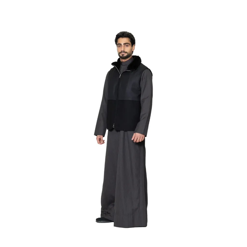 [5004948] Fabric Vest  With Polyester Lining And High Neck With Fur Rex Rabbit - 006 (BLACK-BLACK, L)