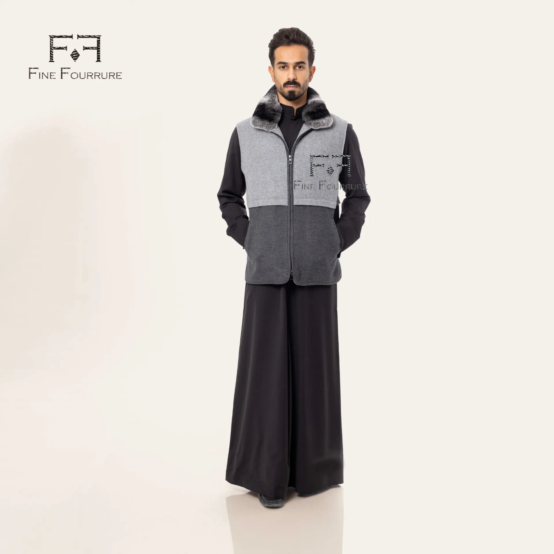 Fabric Vest With Polyester Lining And Fur Rex Rabbit - 0123