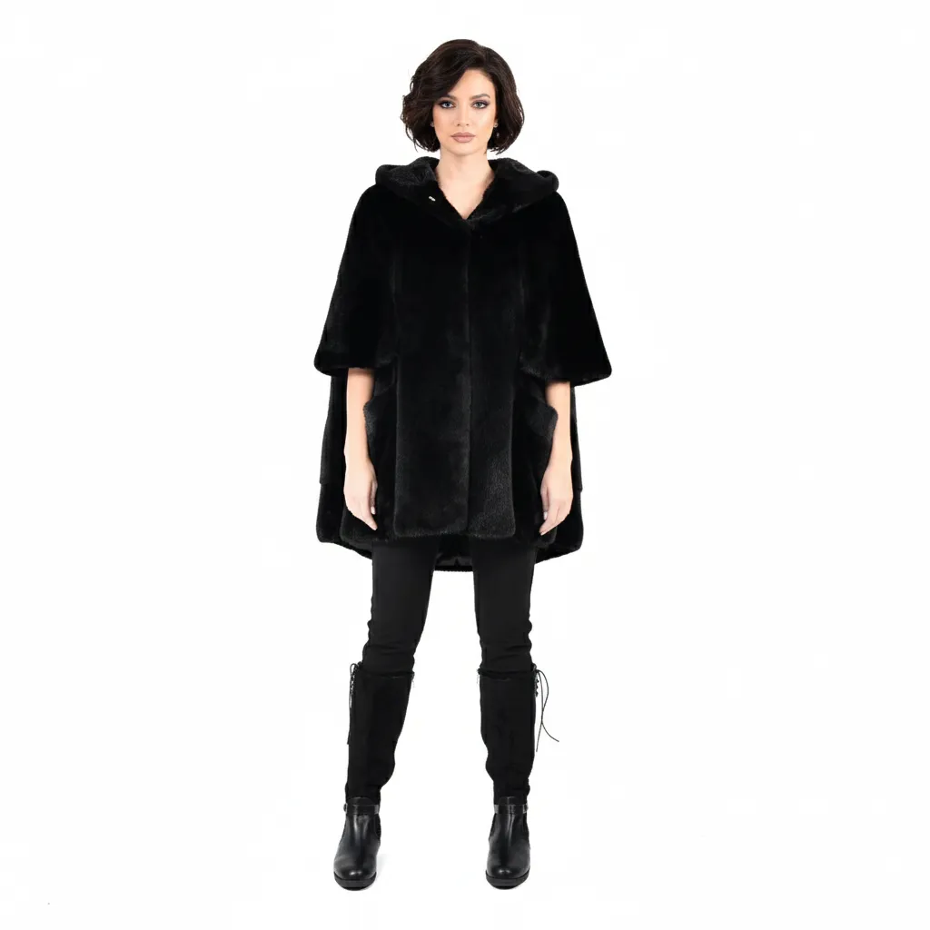[700297] MINK-CAPE-WITH HOOD-POCKET-BLACK-FREE SIZE