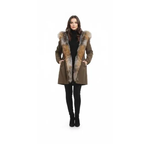 RAINCOAT DARK COFFEE WITH FOX FUR CRYSTAL CAMEL WITH REX RABBIT FUR 90 CM