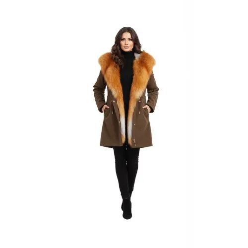 RAINCOAT DARK COFFEE WITH FOX FUR RED WITH REX RABBIT FUR 90 CM