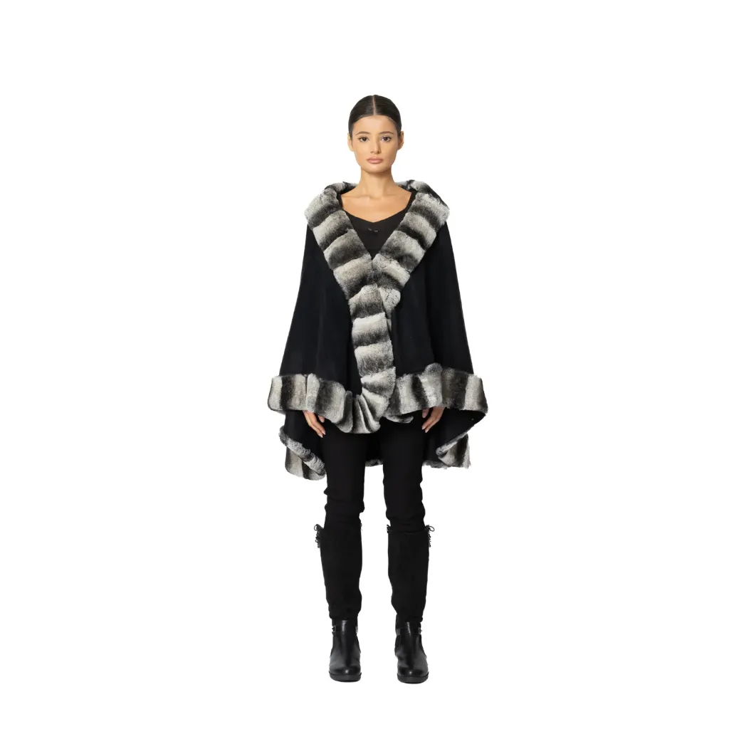 [8001723] Cashmere Cape with Rex Rabbit (BLACK R)
