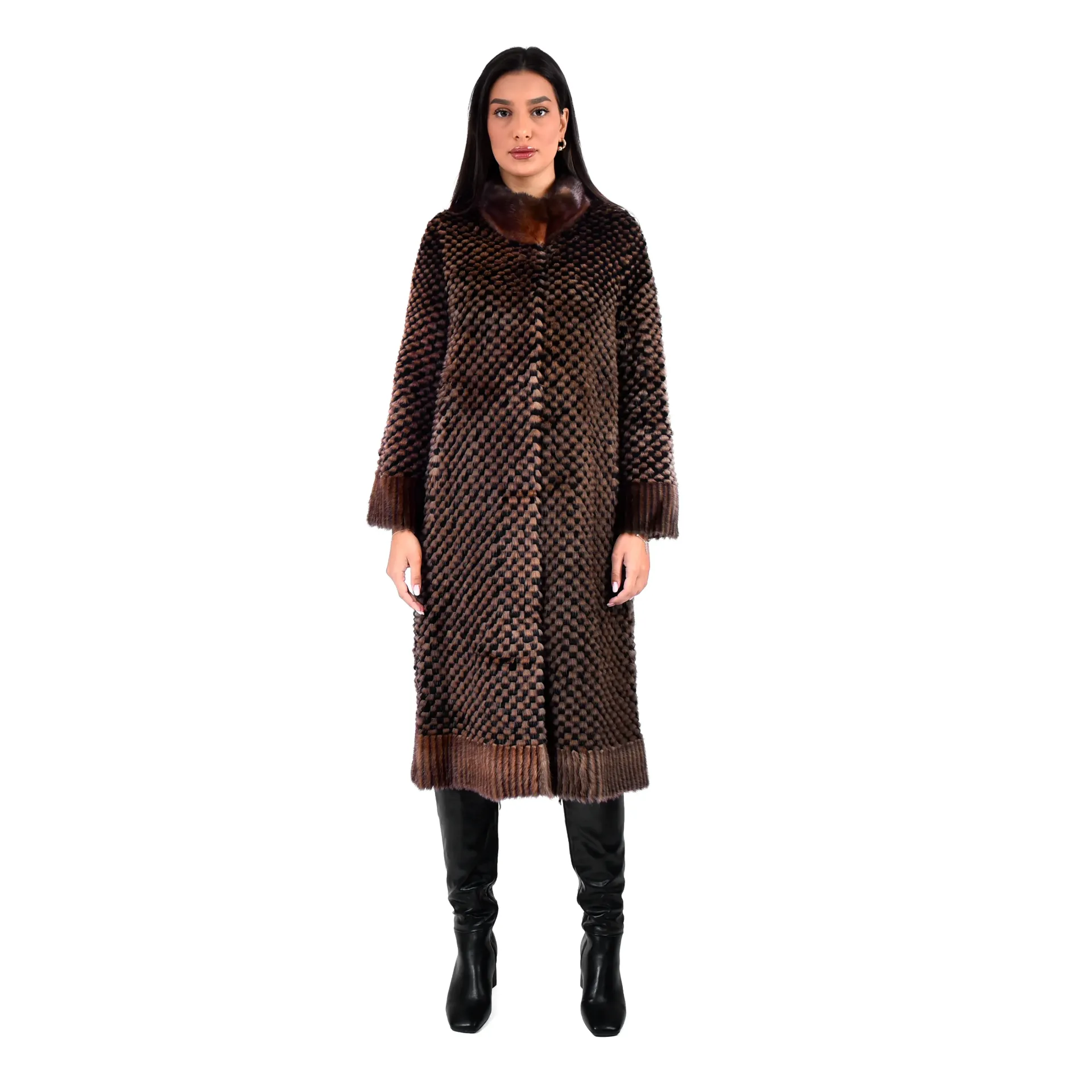 [700811] جاكيت فرو المنك والارنب  الطول 110 cm (BLACK & COFFEE A, M)