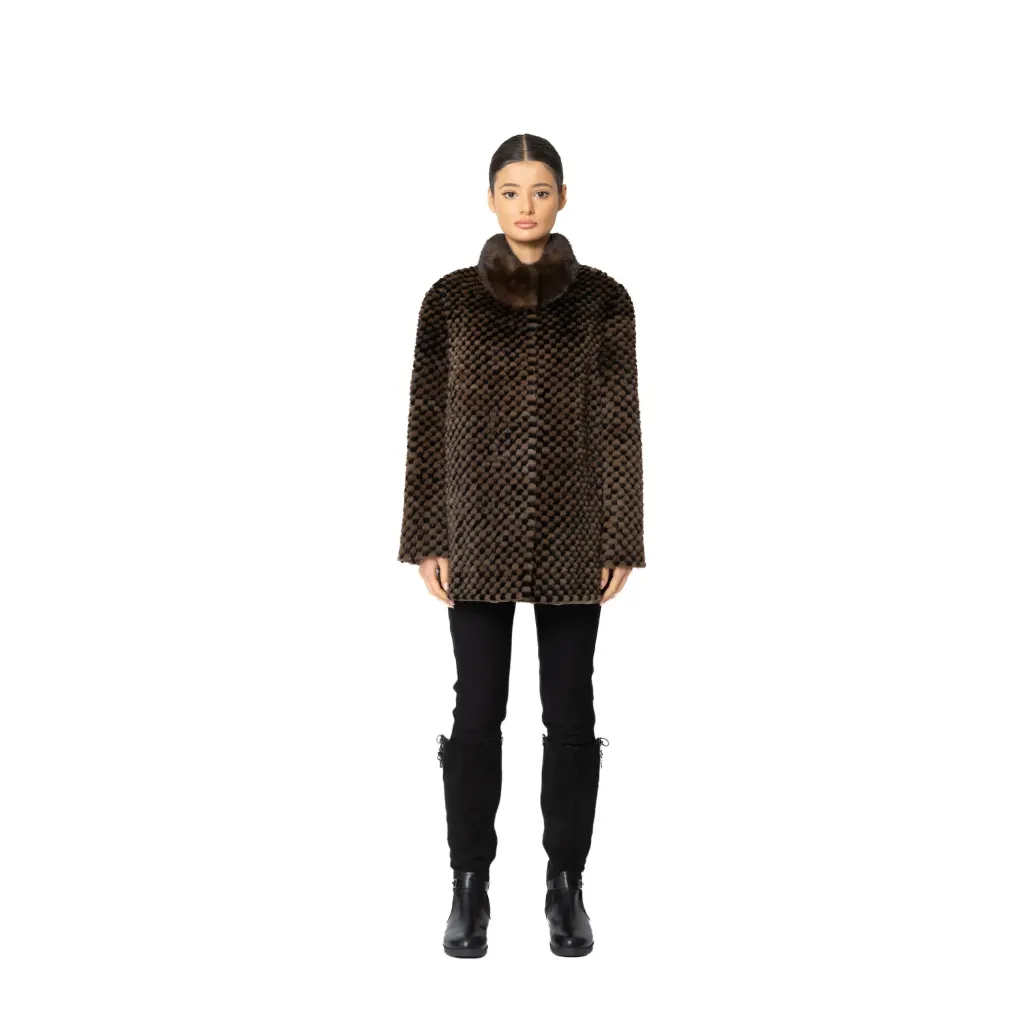 [700995] Jacket with Mink and Rex Rabbit Fur 70cm - 5477C-1 (BLACK & COFFEE A, M)