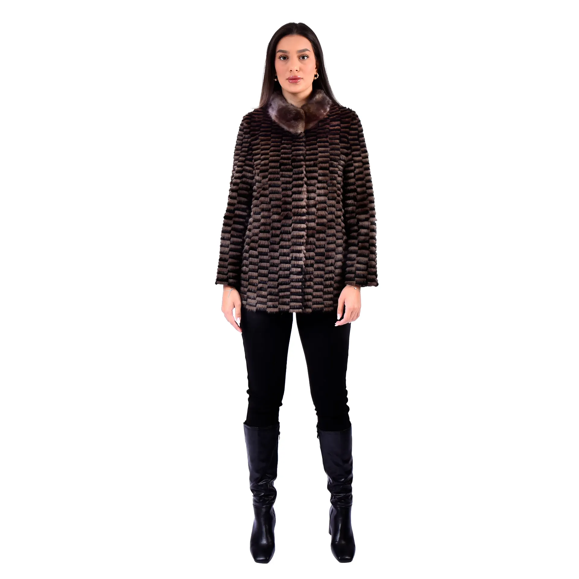 [700983] Jacket with Mink and Rex Rabbit Fur 70cm - 5477C-7 (BLACK & COFFEE C, S)