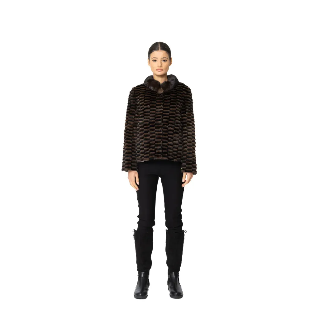 [700972] Jacket with Mink and Rex Rabbit Fur 55cm -  TP1187-1 (BLACK & COFFEE C, S)