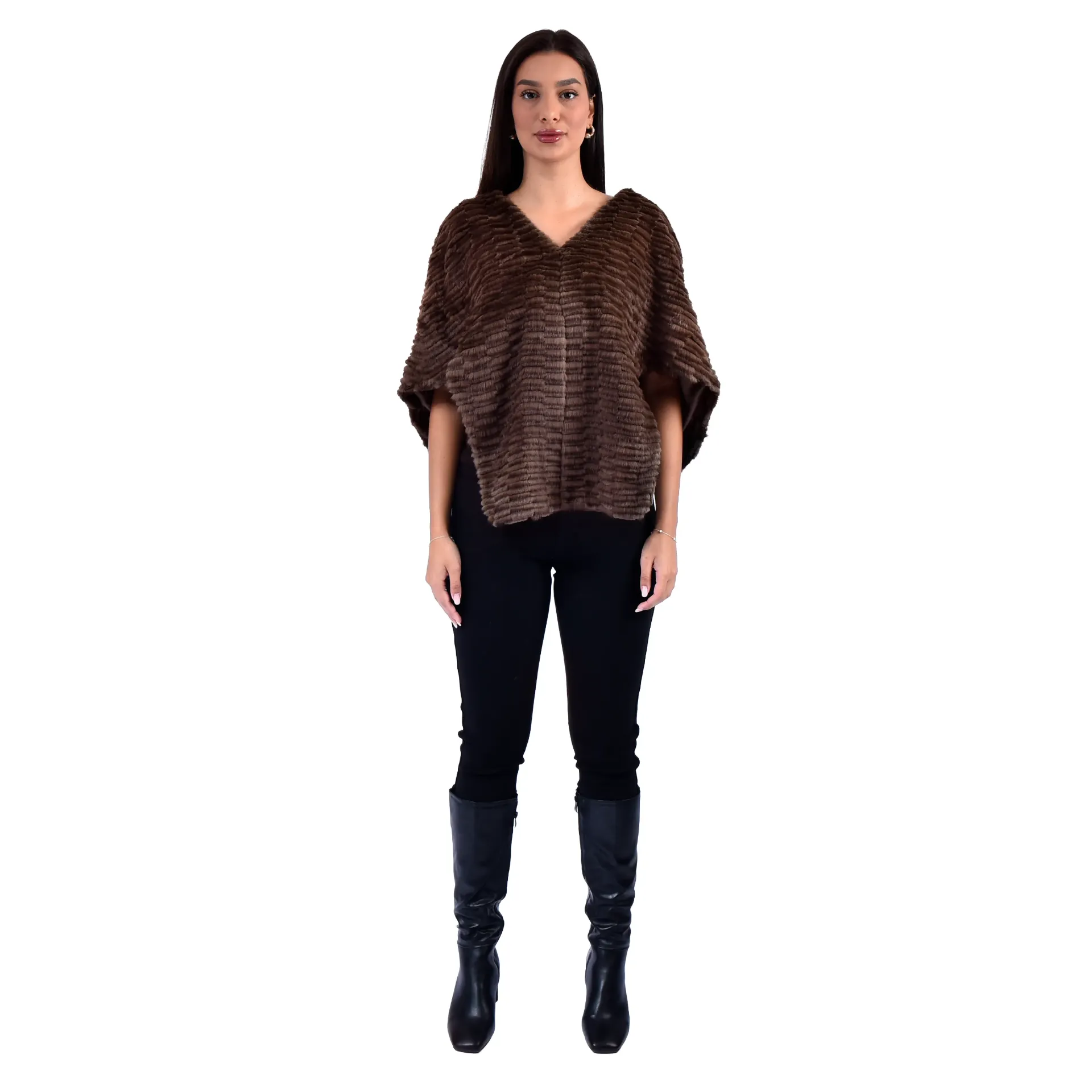 Long Front Cape With Mink and Rex Rabbit Fur 52cm- 1-52A