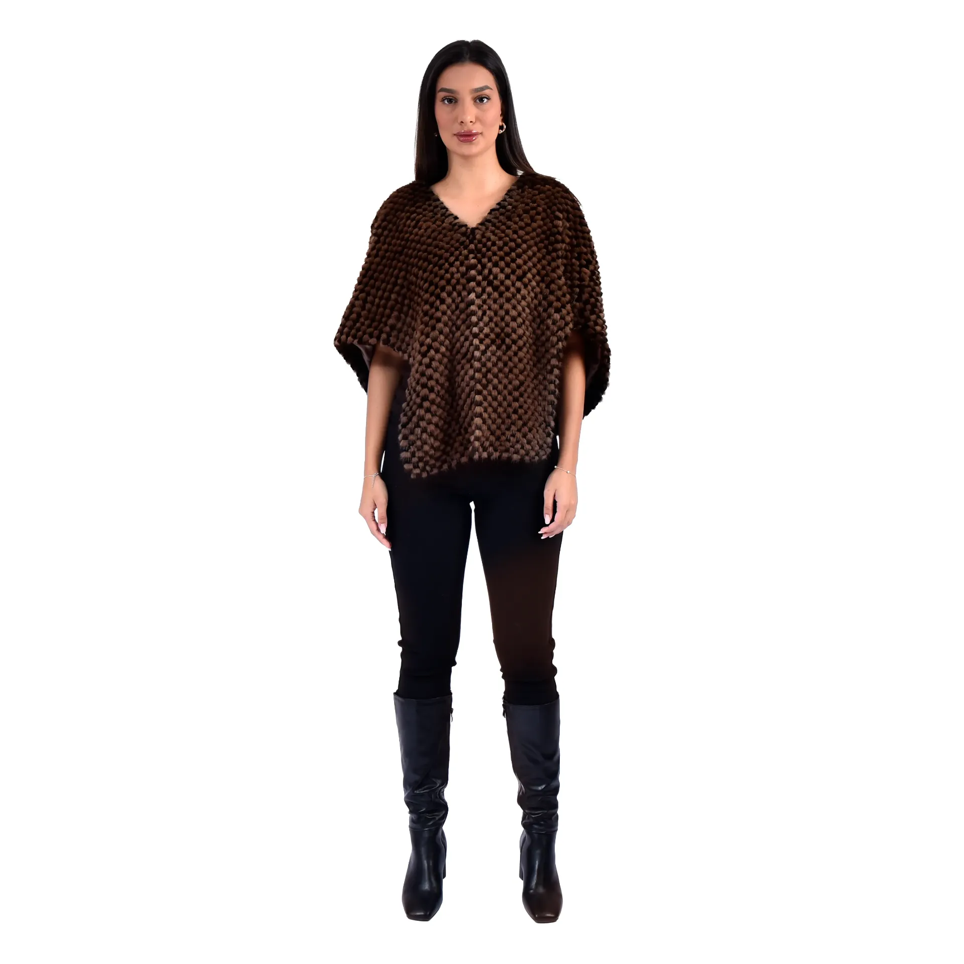 Long Front Cape With Mink and Rex Rabbit Fur 52cm- 1-52
