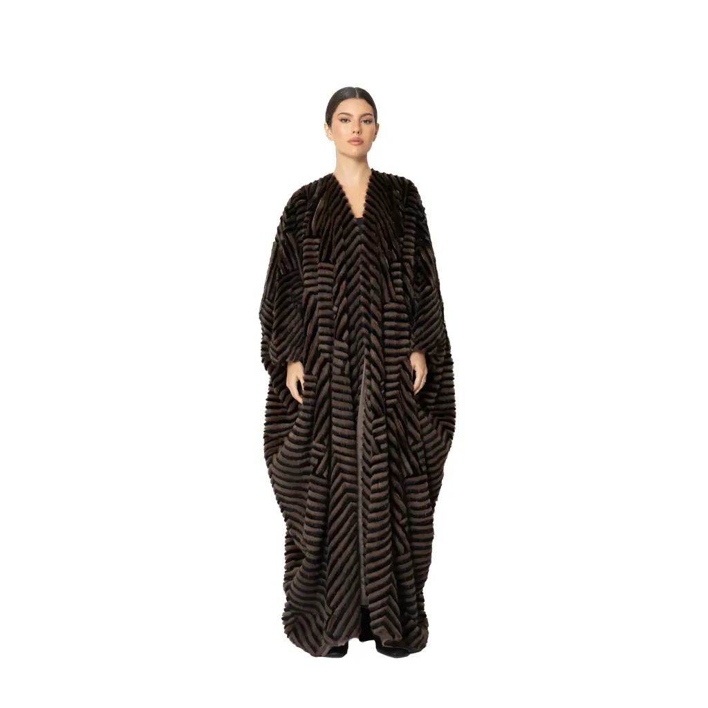 [7001097] BISHT WITH MINK AND REX RABBIT FUR  135cm (BLACK & DARK COFFEE B)