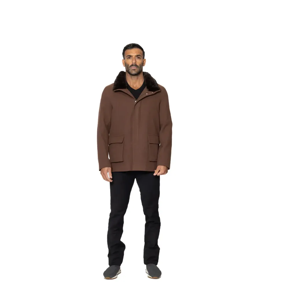 [5004093] Fabric Jacket With Cotton Lining And High Neck With Rex Rabbit - 024 (BROWN', S)