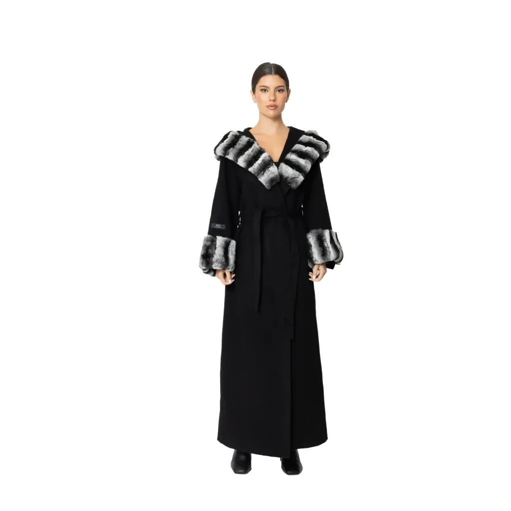 [8001432] Cashmere with Wool and Rex Rabbit Fur Hood 135cm (BLACK R, S)