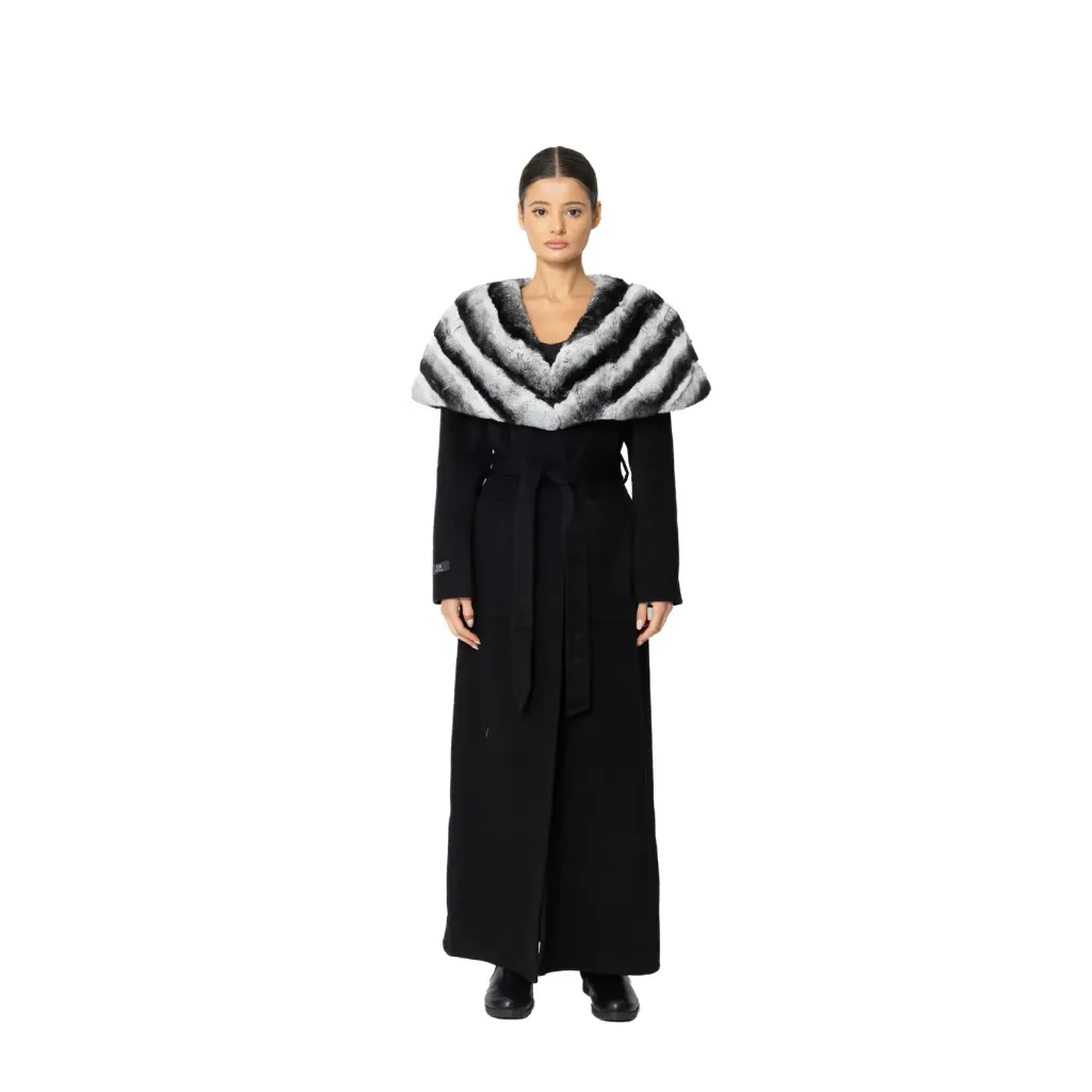 [8001472] كشمير وصوف مع فرو الارنب ( ركس ربت ) استايل الشنشلا الطول 135cm (BLACK R, S)