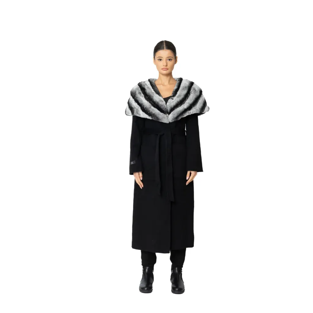 [8001492] Cashmere with Wool and Rex Rabbit Fur - Cape Style 115cm (BLACK R, S)