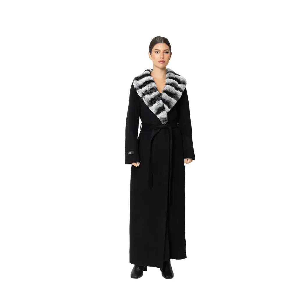 [8001765] Cashmere with Wool and Rex Rabbit Fur Collar –  135cm (BLACK R, S)