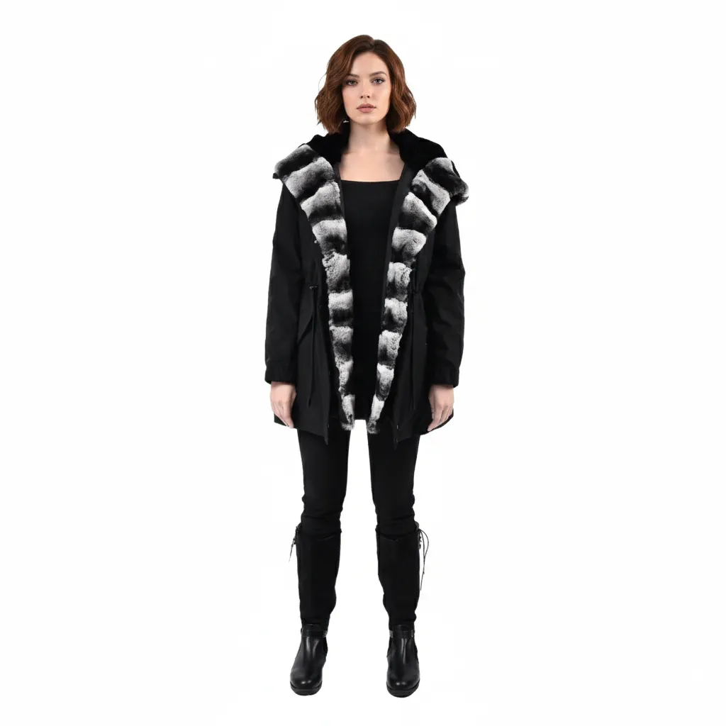[8001572] جاكيت مطري القلبه والبطانه من فرو الارنب ركس ربت استايل الشنشلا الطول 80 cm (BLACK RR, S)