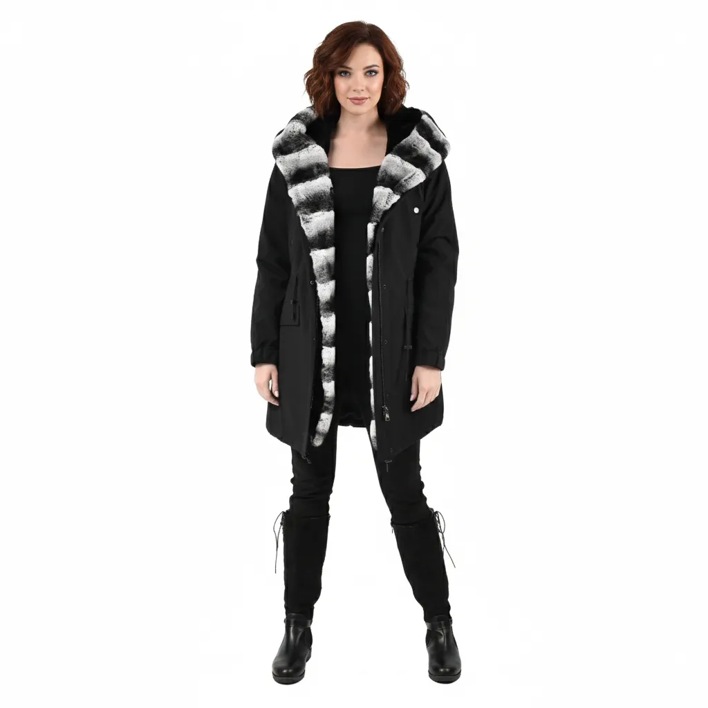 [8001577] جاكيت مطري القلبه والبطانه من فرو الارنب ركس ربت استايل الشنشلا الطول 90cm (BLACK RR, S)