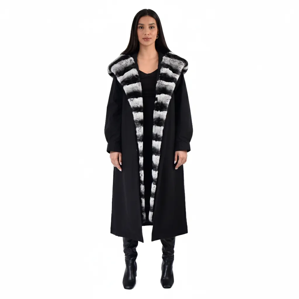 [8001582] جاكيت مطري القلبه والبطانه من فرو الارنب ركس ربت استايل الشنشلا الطول 120 cm (BLACK RR, S)