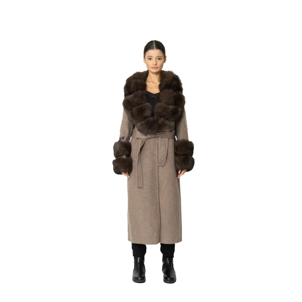 Cashmere with Wool and Fox Fur Collar Fox Fur 115cm