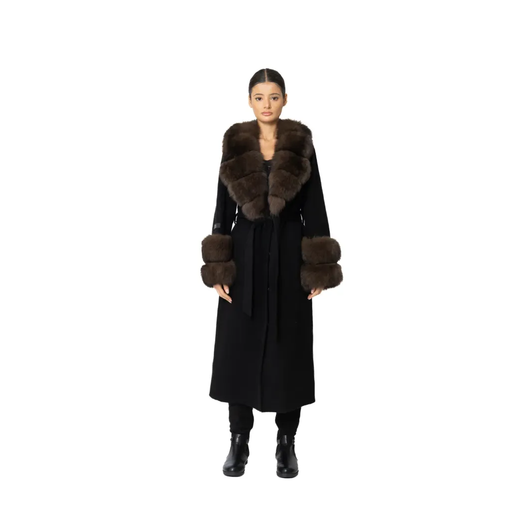 Cashmere with Wool and Fox Fur Collar Fox Fur 115cm