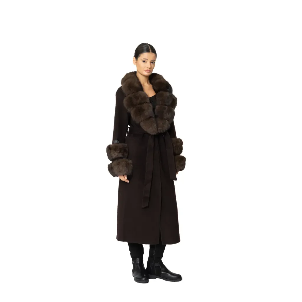 [6008001602] Cashmere with Wool and Fox Fur Collar Fox Fur 115cm (BROWN 1, S)