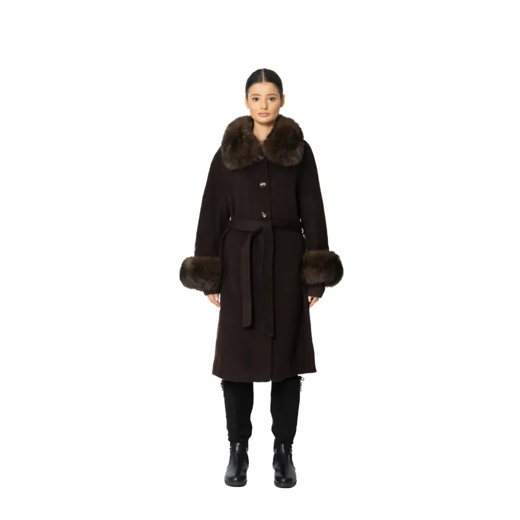 [6008001642] جاكيت كشمير وصوف مع فرو الثعلب الطول 100cm (BROWN 1, S)